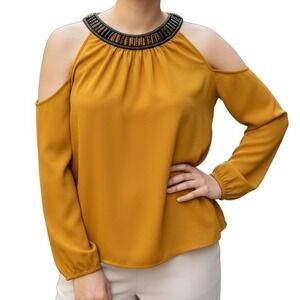 Mustard Yellow‎ Beaded Embellished Blouse Womens 2XL Plus Size Dressy Top